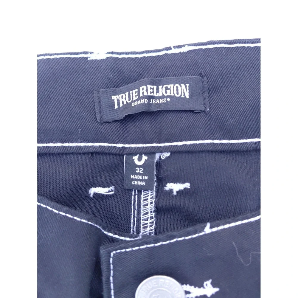 New True Religion Men's Black Denim Cargo Shorts Contrast Stitch Zip Baggy Skate